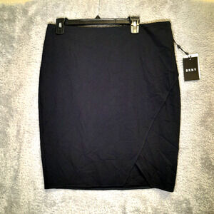 DKNY Womens Ponte Knit Mini Skirt Pencil Navy Blue Faux Wrap Stretch SZ 12 1524